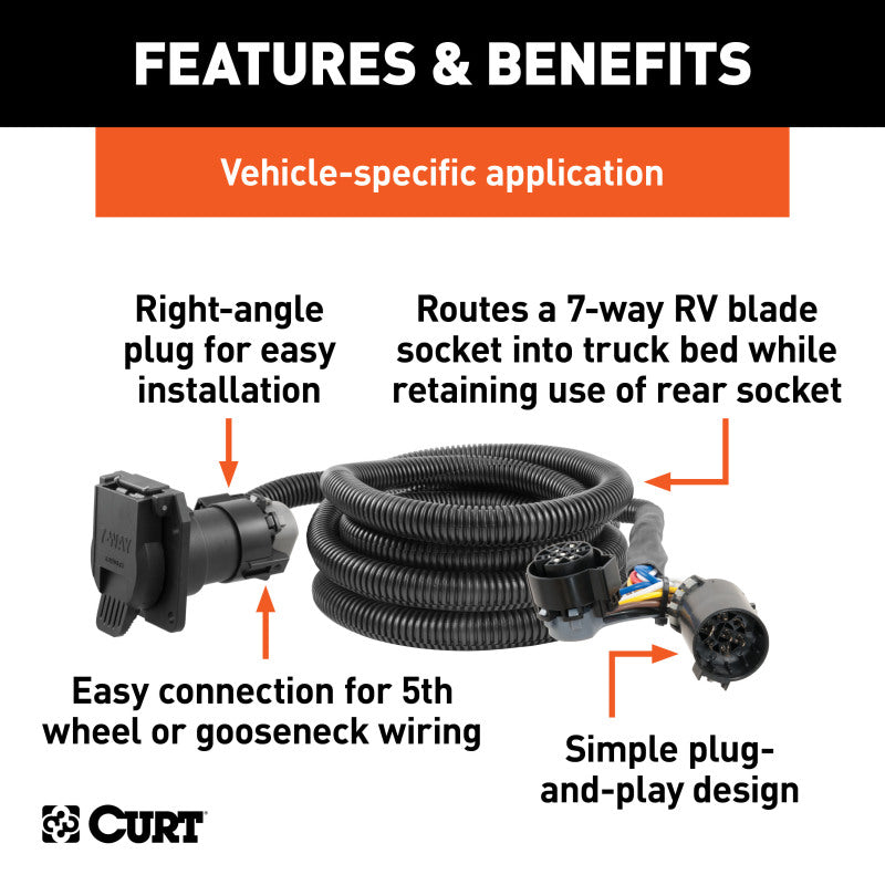 Curt 10ft Custom Wiring Harness Extension (Adds 7-Way RV Blade to Truck Bed)