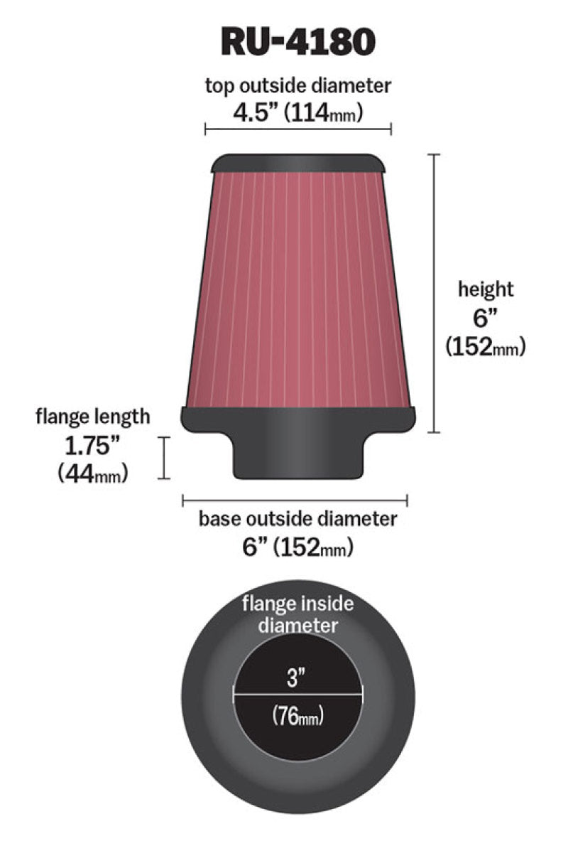 K&N Universal Clamp-On Air Filter 3in FLG / 6in B / 4-1/2in T / 6in H